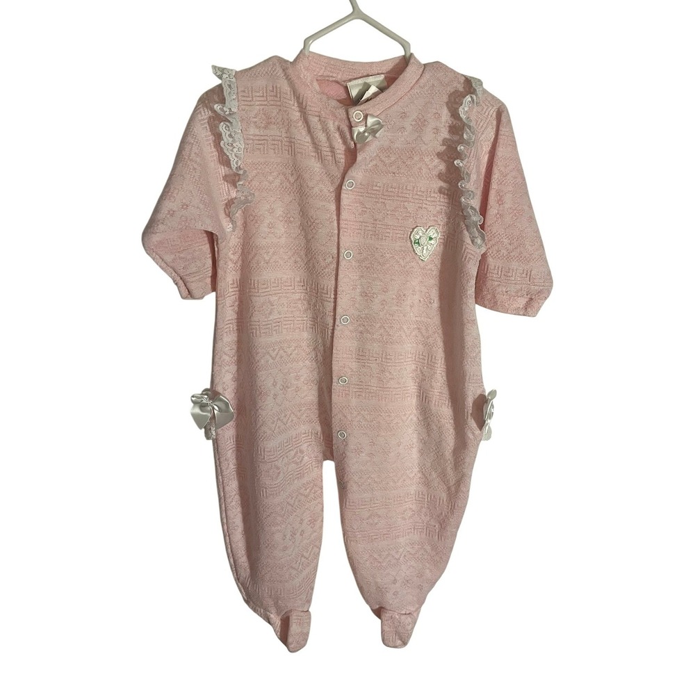 Vintage‎ 90's Rumble Tumble Baby Girls Pink Lace Ruffle Bow Flower Footies 6-12M
